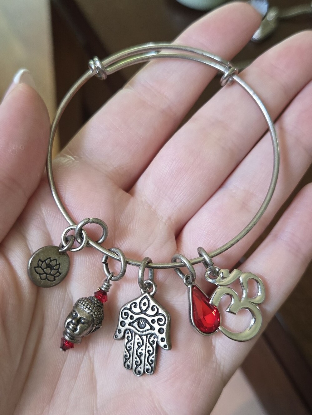 Silver Charm Bangle Bracelet with Red Accents